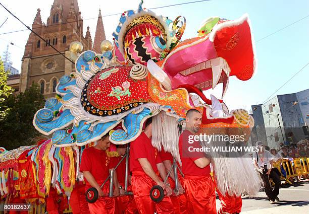 Huge dragon from the local Chinese community works it way through the city streets during the Moomba Parade in Melbourne on March 10, 2008. The...