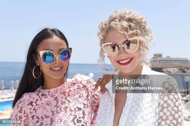 Becca Dudley and Maya Jama attend the press conference ahead of the annual Isle of MTV Malta event at Radisson Blu Hotel on June 27, 2017 in St...