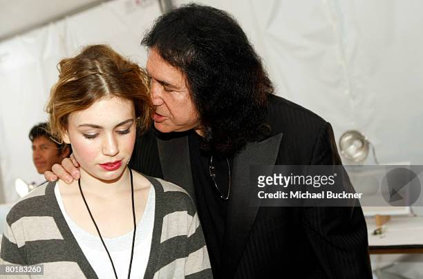 Musician Gene Simmons and daughter model Sophie Simmons backstage at the Imasu By Kelly Nishimoto Fall 2008 fashion show during Mercedes-Benz Fashion...