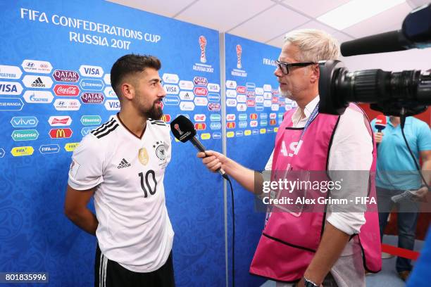 Kerem Demirbay of Germany talks to journalists after the FIFA Confederations Cup Russia 2017 Group B match between Germany and Cameroon at Fisht...