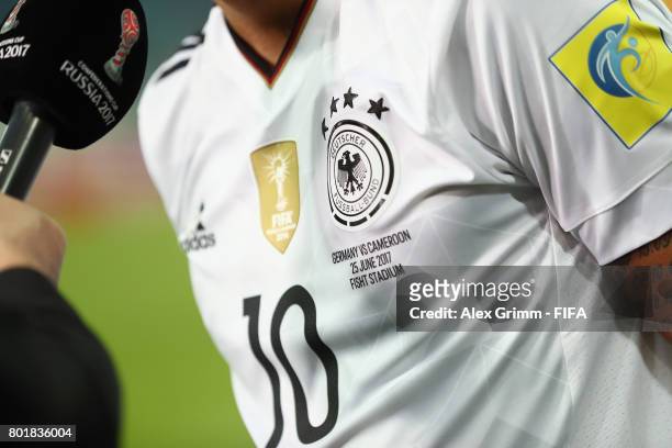 Kerem Demirbay of Germany talks to journalists after the FIFA Confederations Cup Russia 2017 Group B match between Germany and Cameroon at Fisht...