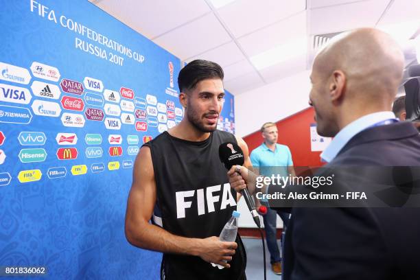 Emre Can of Germany talks to journalists after the FIFA Confederations Cup Russia 2017 Group B match between Germany and Cameroon at Fisht Olympic...