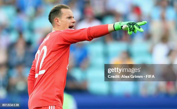 Goalkeeper Marc-Andre ter Stegen of Germany reacts during the FIFA Confederations Cup Russia 2017 Group B match between Germany and Cameroon at Fisht...