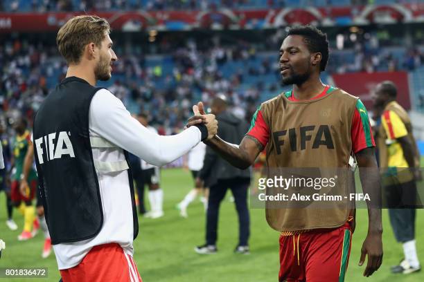 Kevin Trapp of Germany and Georges Mandjeck of Cameroon shake hands after the FIFA Confederations Cup Russia 2017 Group B match between Germany and...