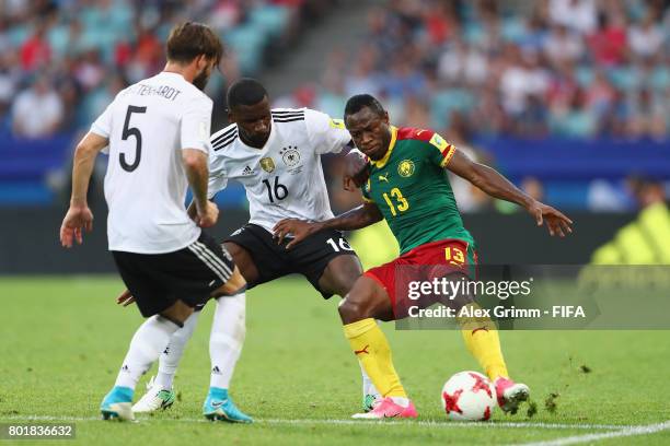 Christian Bassogog of Cameroon is challenged by Antonio Ruediger and Marvin Plattenhardt of Germany during the FIFA Confederations Cup Russia 2017...