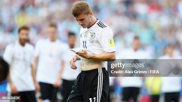 Timo Werner of Germany reacts during the FIFA Confederations Cup Russia 2017 Group B match between Germany and Cameroon at Fisht Olympic Stadium on...