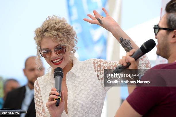 Becca Dudley interiews Jonas Blue at the press conference ahead of the annual Isle of MTV Malta event at Radisson Blu Hotel on June 27, 2017 in St...