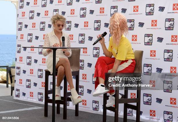 Becca Dudley interviews Raye at the press conference ahead of the annual Isle of MTV Malta event at Radisson Blu Hotel on June 27, 2017 in St...