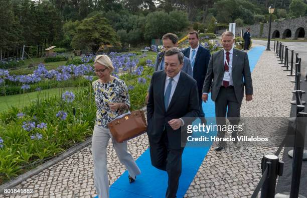 President Mario Draghi arrives accompanied by ECB Director General Communications Christine Graeff to deliver the opening speach at the first...