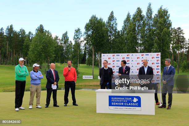 Santiago Luna of Spain makes a speech during prizegiving after the final round of the European Tour Properties Senior Classic played at Linna Golf on...