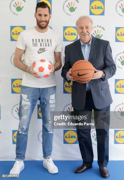 Basketball player Rudy Fernandez and soccer coach Vicente del Bosque attend the 'Formula desayuno' photocall at Vicente del Bosque campus on June 27,...