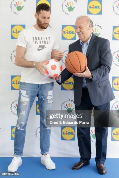 Basketball player Rudy Fernandez and soccer coach Vicente del Bosque attend the 'Formula desayuno' photocall at Vicente del Bosque campus on June 27,...