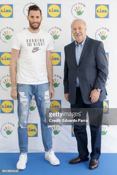 Basketball player Rudy Fernandez and soccer coach Vicente del Bosque attend the 'Formula desayuno' photocall at Vicente del Bosque campus on June 27,...