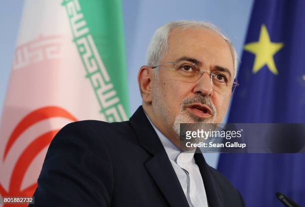Iranian Minister of Foreign Affairs Mohammad Javad Zarif and German Foreign Minister Sigmar Gabriel speak to the media following talks on June 27,...
