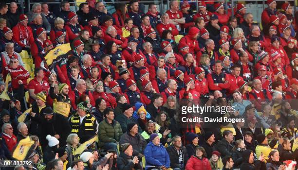 Lions fans look on during the match between the Hurricanes and the British & Irish Lions at Westpac Stadium on June 27, 2017 in Wellington, New...