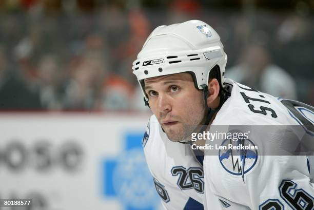 Martin St. Louis of the Tampa Bay Lightning looks on in a NHL game against the Philadelphia Flyers on March 6, 2008 at the Wachovia Center in...