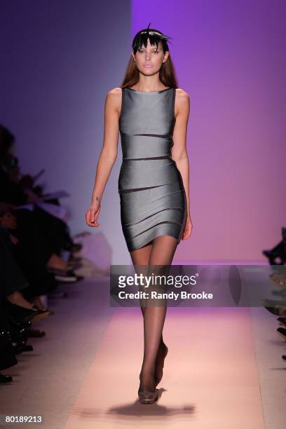 Model walks the runway wearing Herve Leger by Max Azria Fall 2008 during Mercedes-Benz Fashion Week at the Promenade, Bryant Park on February 3, 2008...