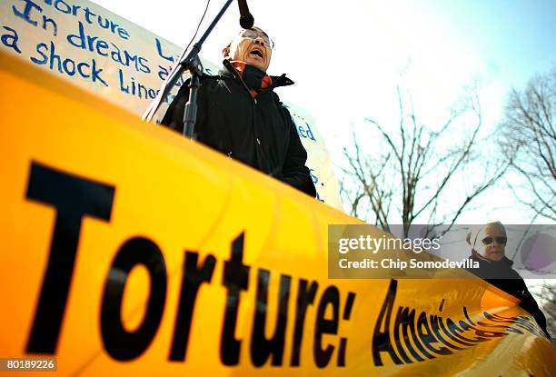 Torture survivor Orlando Dizon speaks during a rally to "demand Congressional action to stop torture" organized by The Washington Region Religious...