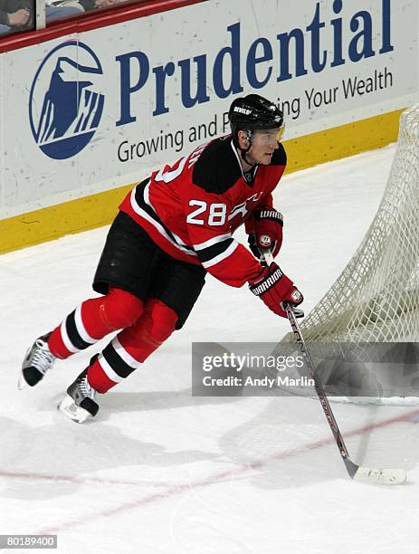 Karel Rachunek of the New Jersey Devils skates against the Tampa Bay Lightning during their game at the Prudential Center on March 7, 2008 in Newark,...