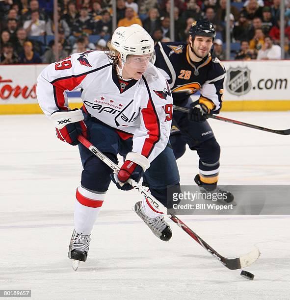 Nicklas Backstrom of the Washington Capitals skates against the Buffalo Sabres on March 5, 2008 at HSBC Arena in Buffalo, New York.