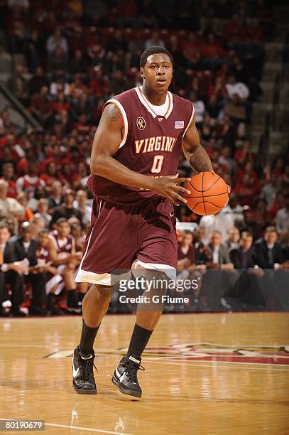 Jeff Allen of the Virginia Tech Hokies handles the ball against the Maryland Terrapins at the Comcast Center on February 20, 2008 in College Park,...