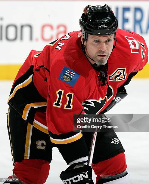 Owen Nolan of the Calgary Flames skates against the Nashville Predators on March 7, 2008 at Pengrowth Saddledome in Calgary, Alberta, Canada. The...