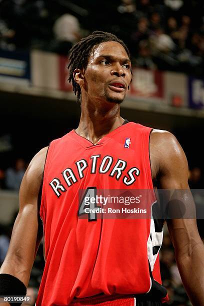 Chris Bosh of the Toronto Raptors looks across the court during the game against the Indiana Pacers on February 25, 2008 at Conseco Fieldhouse in...