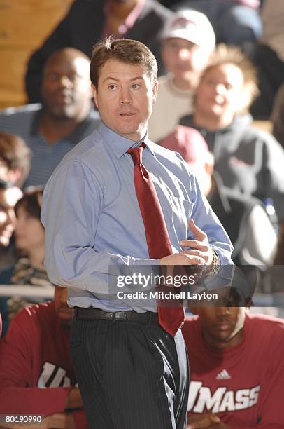 Head coach Travis Ford of the Massachusetts Minuteman looks on during a basketball game against George Washington Colonials at the Smith Center on...