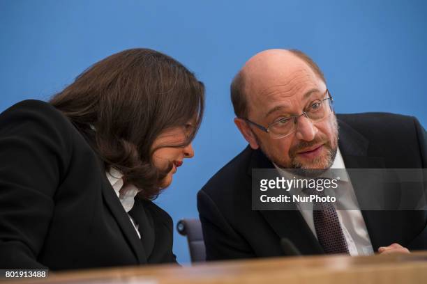 Work and Social Policies Minister Andrea Nahles talks with Chancellor candidate and chairman of Social Democratic Party , Martin Schulz , during a...