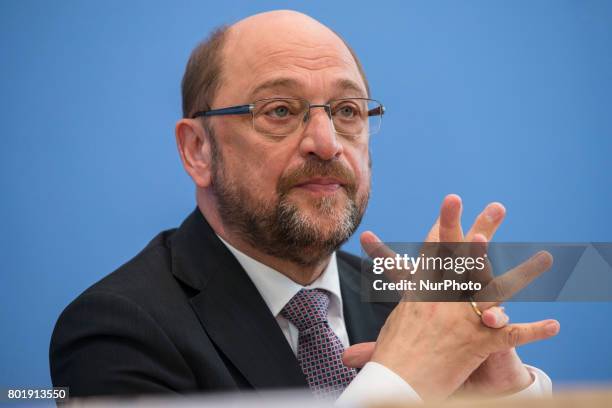 Chancellor candidate and chairman of Social Democratic Party Martin Schulz is pictured during a news conference regarding the work of the party...