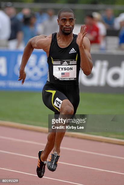 Tyson Gay wins 100-meter heat in 10.18 in the adidas Track Classic at the Home Depot Center in Carson, Calif. On Sunday, May 20, 2007.