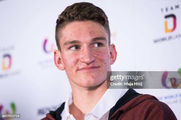 Joshua Perling smiles during a press conference on the occasion of German 2017 World Games Team Kitting Out on June 27, 2017 in Frankfurt am Main,...