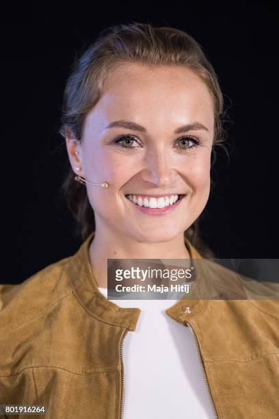 Nele Schenker Sport 1 Moderator smiles during a press conference on the occasion of German 2017 World Games Team Kitting Out on June 27, 2017 in...