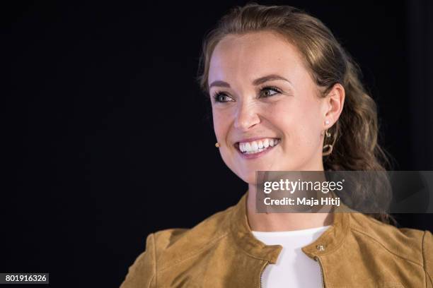 Nele Schenker Sport 1 Moderator smiles during a press conference on the occasion of German 2017 World Games Team Kitting Out on June 27, 2017 in...