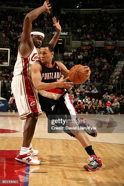 Brandon Roy of the Portland Trail Blazers drives to the basket against Devin Brown of the Cleveland Cavaliers on March 10, 2008 at The Quicken Loans...