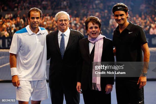 Pete Sampras, Roy Emerson of Australia, Billie Jean King and Roger Federer of Switzerland pose prior to an exhibition match between Sampras and...
