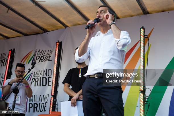 The mayor of Milan Giuseppe Sala speaks to the crowd at Gay Pride 2017 in Milan.