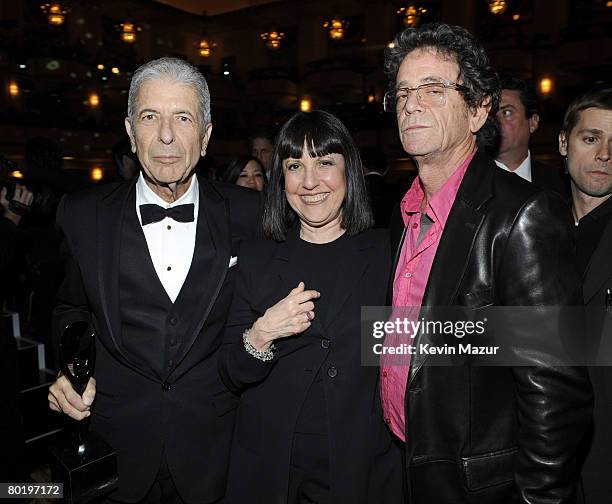 Musician Leonard Cohen, Lisa Robinson and Musician Lou Reed at the 23rd Annual Rock and Roll Hall of Fame Induction Ceremony at the Waldorf Astoria...