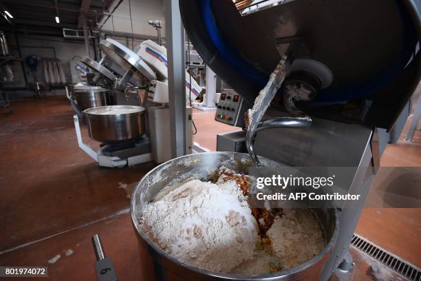 Photo taken on June 27, 2017 shows a Pretzel production line at the Boehli Bretzel factory in Gundershoffen, eastern France. / AFP PHOTO / PATRICK...