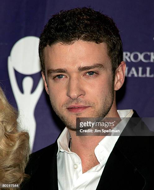 Musician Justin Timberlake poses in the press room during the 23rd Annual Rock and Roll Hall of Fame Induction Ceremony at the Waldorf Astoria on...