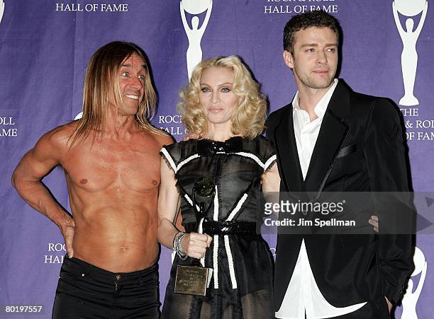 Musicians Iggy Pop, Madonna and Justin Timberlake pose in the press room during the 23rd Annual Rock and Roll Hall of Fame Induction Ceremony at the...