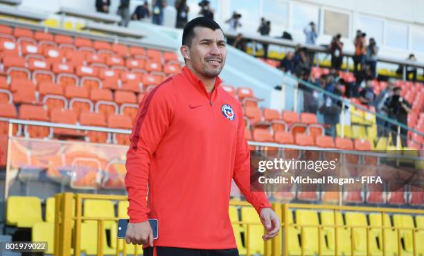 Gary Medel of Chile walks out to take part in a Chile training session during the FIFA Confederations Cup Russia 2017 at Central Stadium on June 27,...