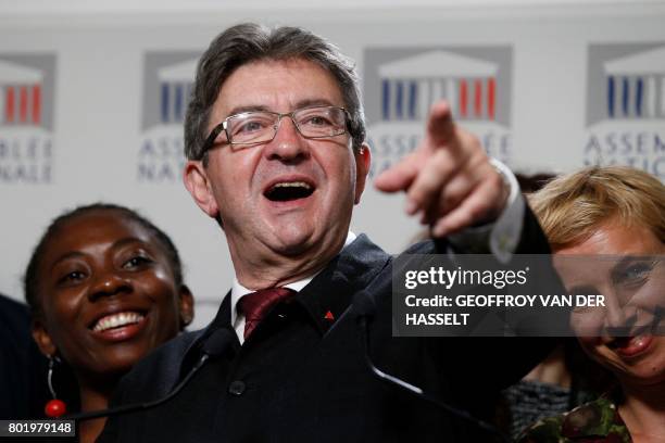 La France Insoumise leftist party's leader Member of Parliament Jean-Luc Melenchon and LFI deputy Clementine Autain give a press conference, on June...