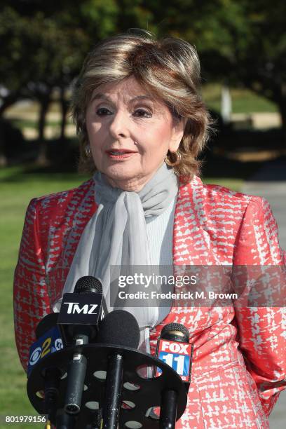 Attorney Gloria Allred, representing Judy Huth, speaks during a trial setting conference of a civil suit against Bill Cosby at the Santa Monica...
