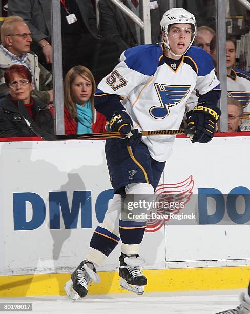 David Perron of the St. Louis Blues skates up ice during a NHL game against the Detroit Red Wings on March 5, 2008 at Joe Louis Arena in Detroit,...