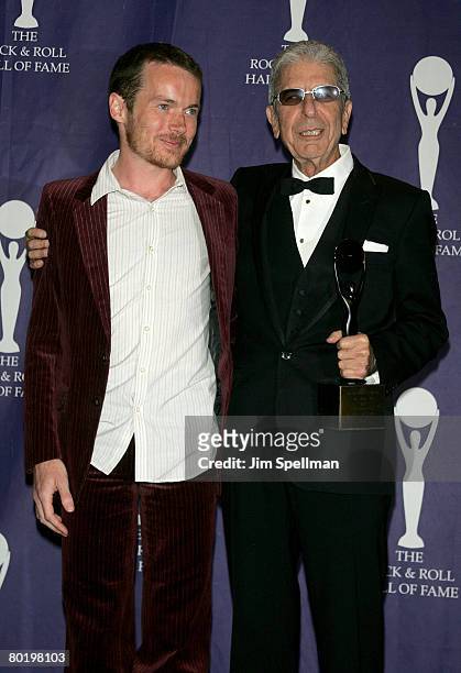 Musican Damien Rice and Honoree and singer Leonard Cohen pose in the press room during the 23rd Annual Rock and Roll Hall of Fame Induction Ceremony...