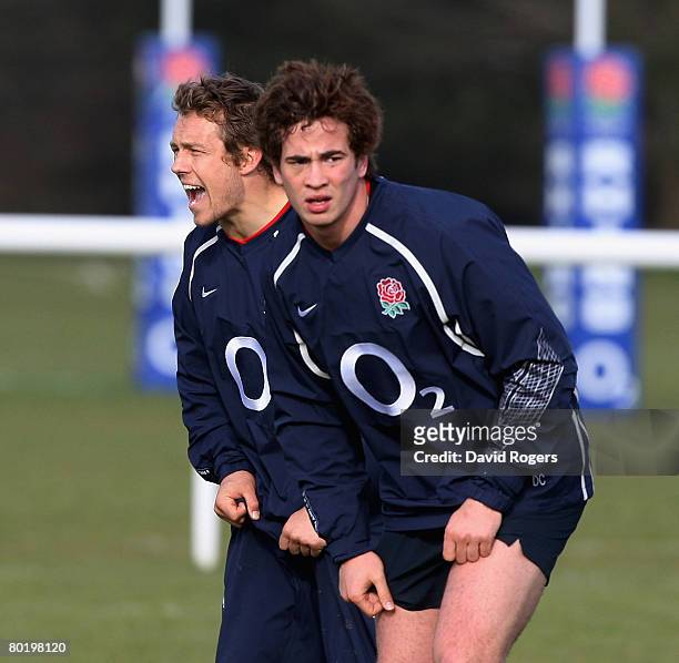 Danny Cipriani and Jonny Wilkinson in action during the England training session held at Bath University on March 11, 2008 in Bath, England.