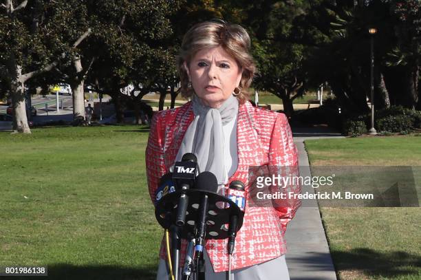 Attorney Gloria Allred, representing Judy Huth, speaks during a trial setting conference of a civil suit against Bill Cosby at the Santa Monica...