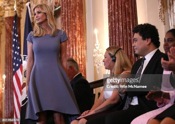 Ivanka Trump concludes her remarks at the U.S. State Department during the 2017 Trafficking in Persons Report ceremony June 27, 2017 in Washington,...