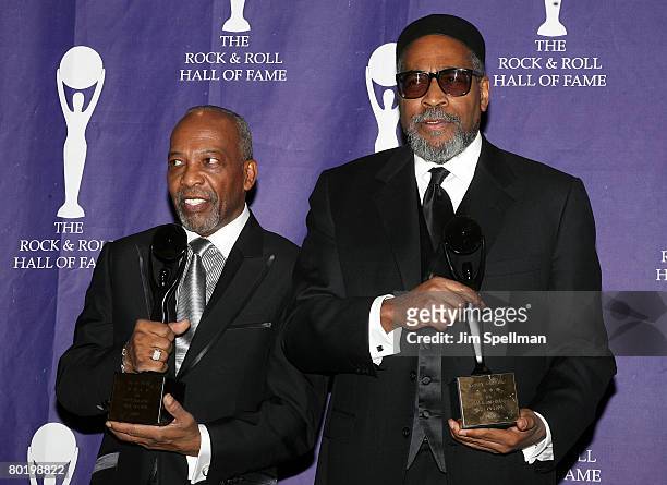 Honorees songwriters/producers Leon Huff and Kenneth Gamble pose in the press room during the 23rd Annual Rock and Roll Hall of Fame Induction...